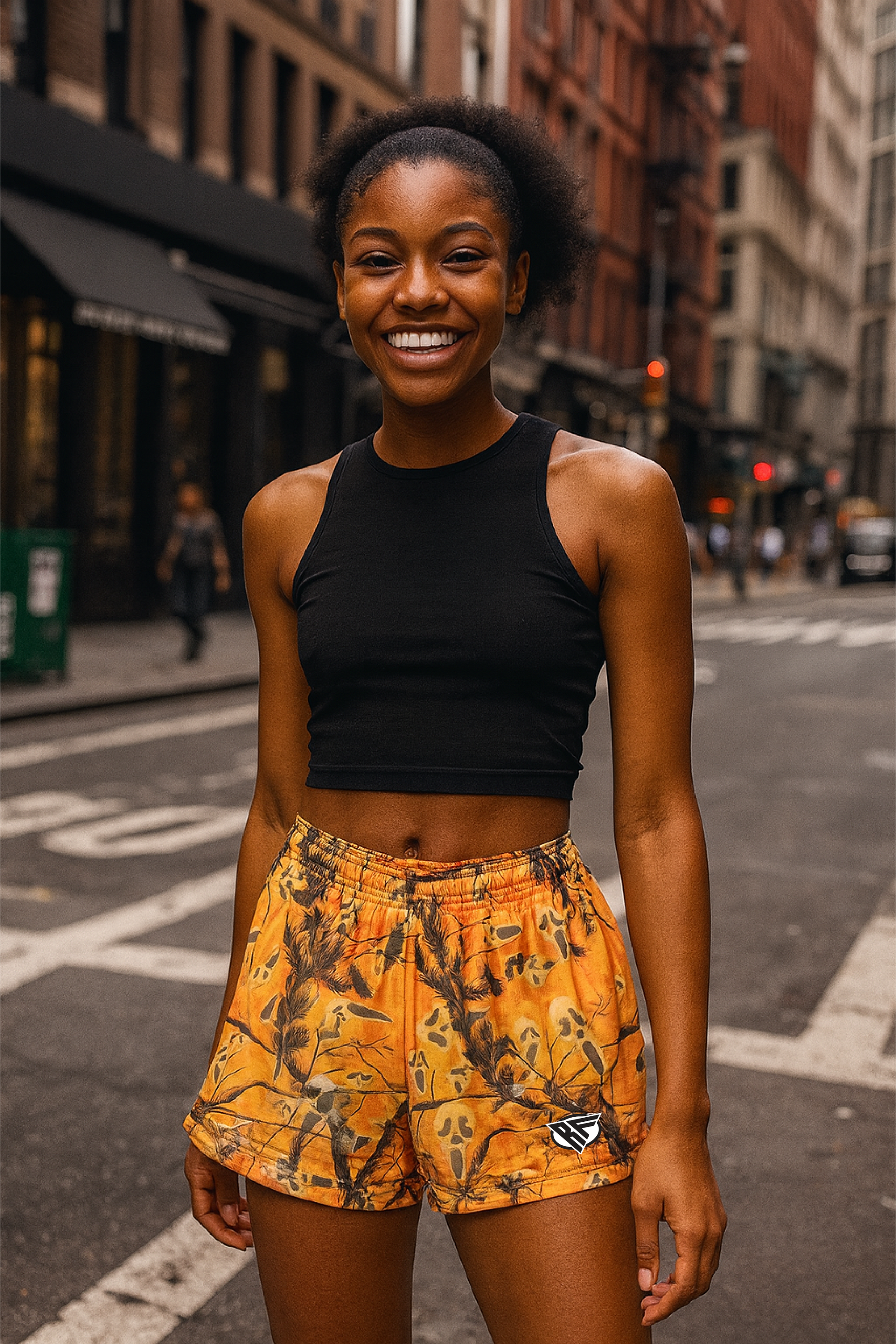 RF Wear Women's Tree Camo Ghost Faces Shorts - Orange - Model Front View