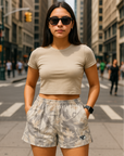 RF Wear Women's Tree Camo Pocket Shorts - Grey - Model Front View