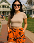 RF Wear Women's Tree Camo Pocket Shorts - Orange - Model Front View
