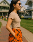 RF Wear Women's Tree Camo Pocket Shorts - Orange - Model Side View