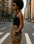 RF Wear Women's Tree Camo Pocket Shorts - Tan - Model Side View