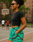 RF Wear Women's Tree Camo Pocket Shorts - Teal - Model Side View