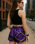 Women wearing RF-wear Women's Tree Camo Shorts - Purple - Back View