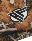 Close-up RF-Wear women's tan tree Camo shorts with the brand logo