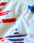 Close-up of RF-Wear Women's Patriotic Grunge Shorts in Red/White/Blue