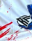 Close-up of RF-Wear Women's Patriotic Grunge Shorts in Red/White/Blue with RF logo