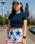 RF Wear Women's Patriotic Grunge Shorts - Red/White/Blue - Model Front View