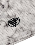 Close-up of RF-Wear Men's Mesh Marble Shorts in Black/White with RF logo