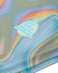 Close-up of RF-Wear Men's Mesh Holographic Shorts in Multicolor with RF logo