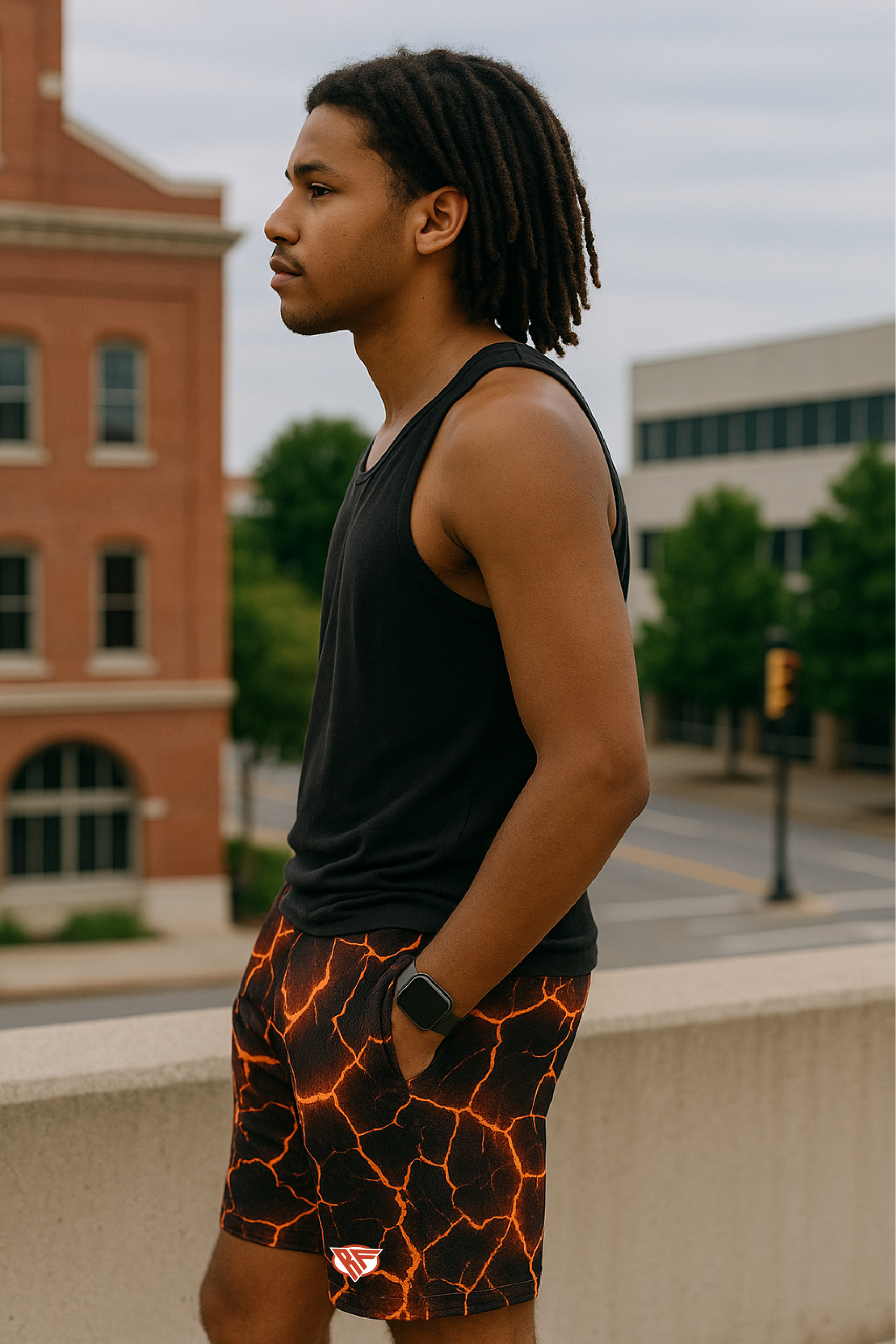 RF Wear Men's Mesh Lava Shorts - Black/Orange - Model Side View