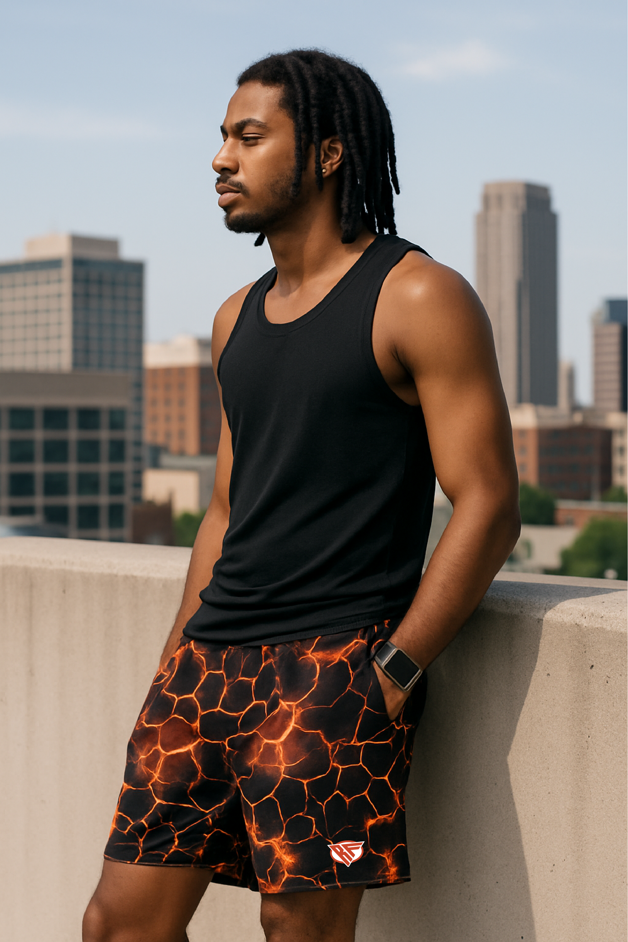 RF Wear Men's Mesh Lava Shorts - Black/Orange - Model Front View