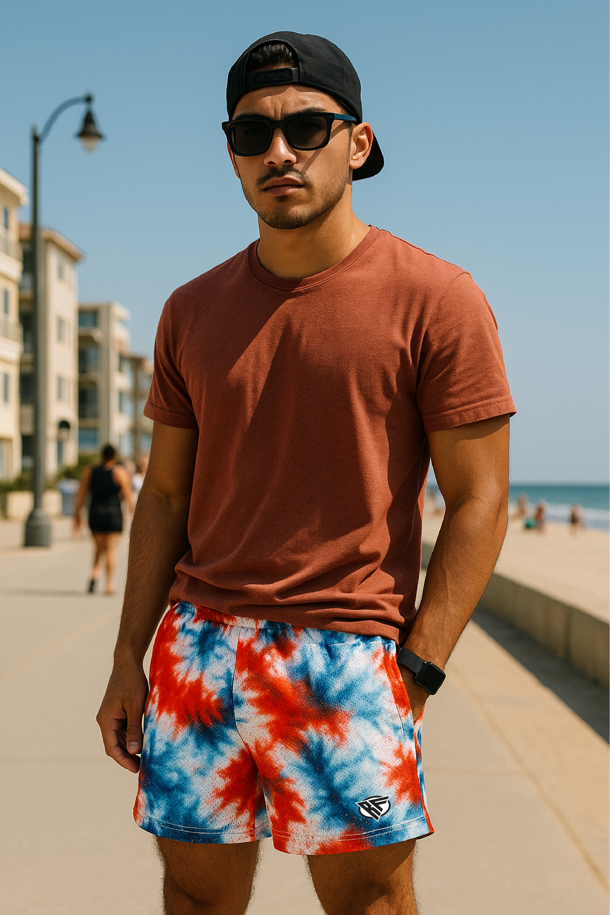RF Wear Mesh Patriotic Tie Dye Shorts - Red/White/Blue - Model Front View