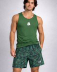 Man wearing a green tank top and RF-Wear Men's Mesh Soldier Shorts in Camo Green