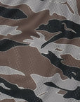 Close-up of RF-Wear Men's Mesh Tiger Camo Shorts in Brown