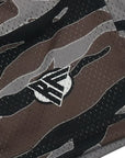 Close-up of RF-Wear Men's Mesh Tiger Camo Shorts in Brown with RF logo