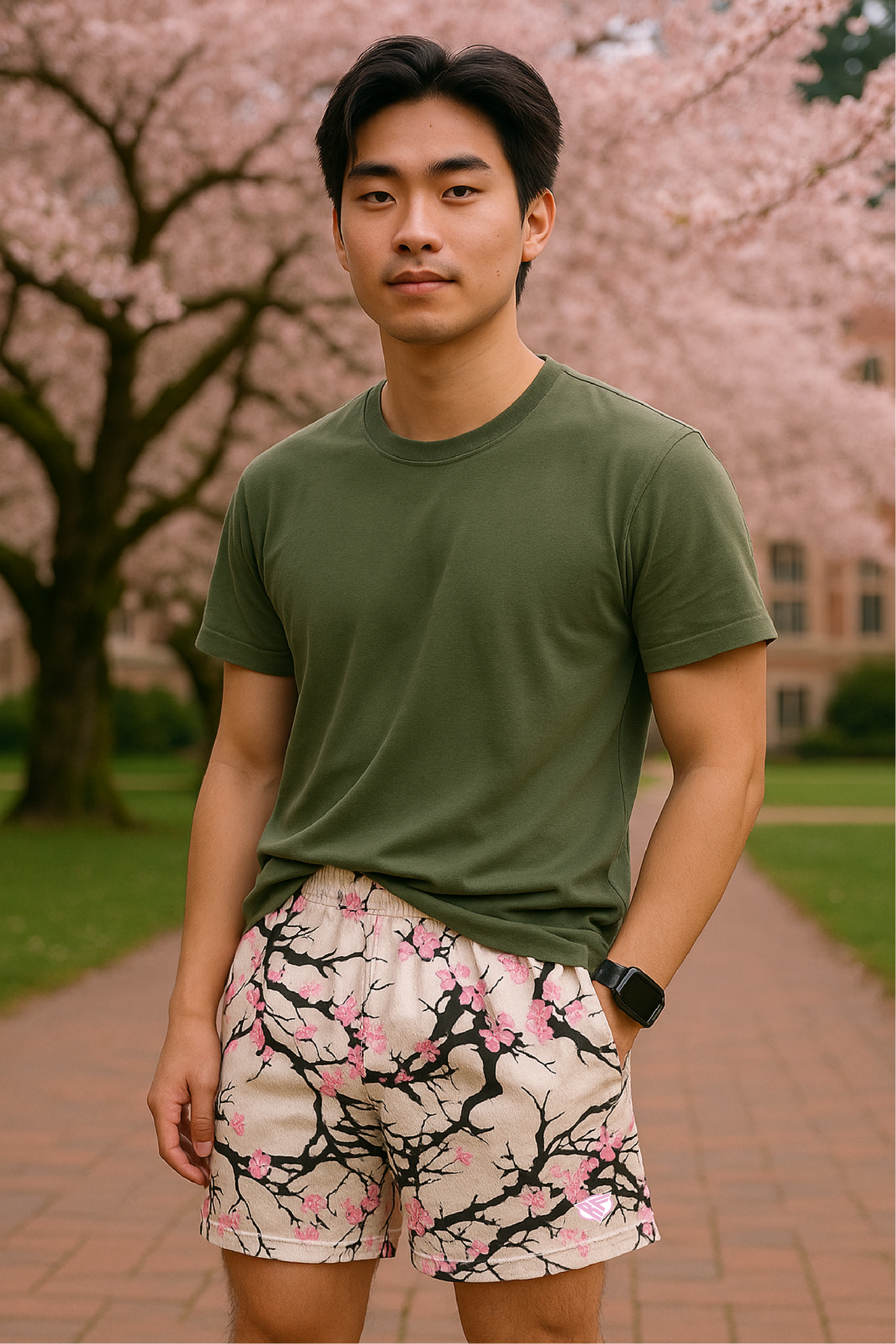 RF Wear Men's Mesh Blossom Shorts - Cream/Pink - Model Front View