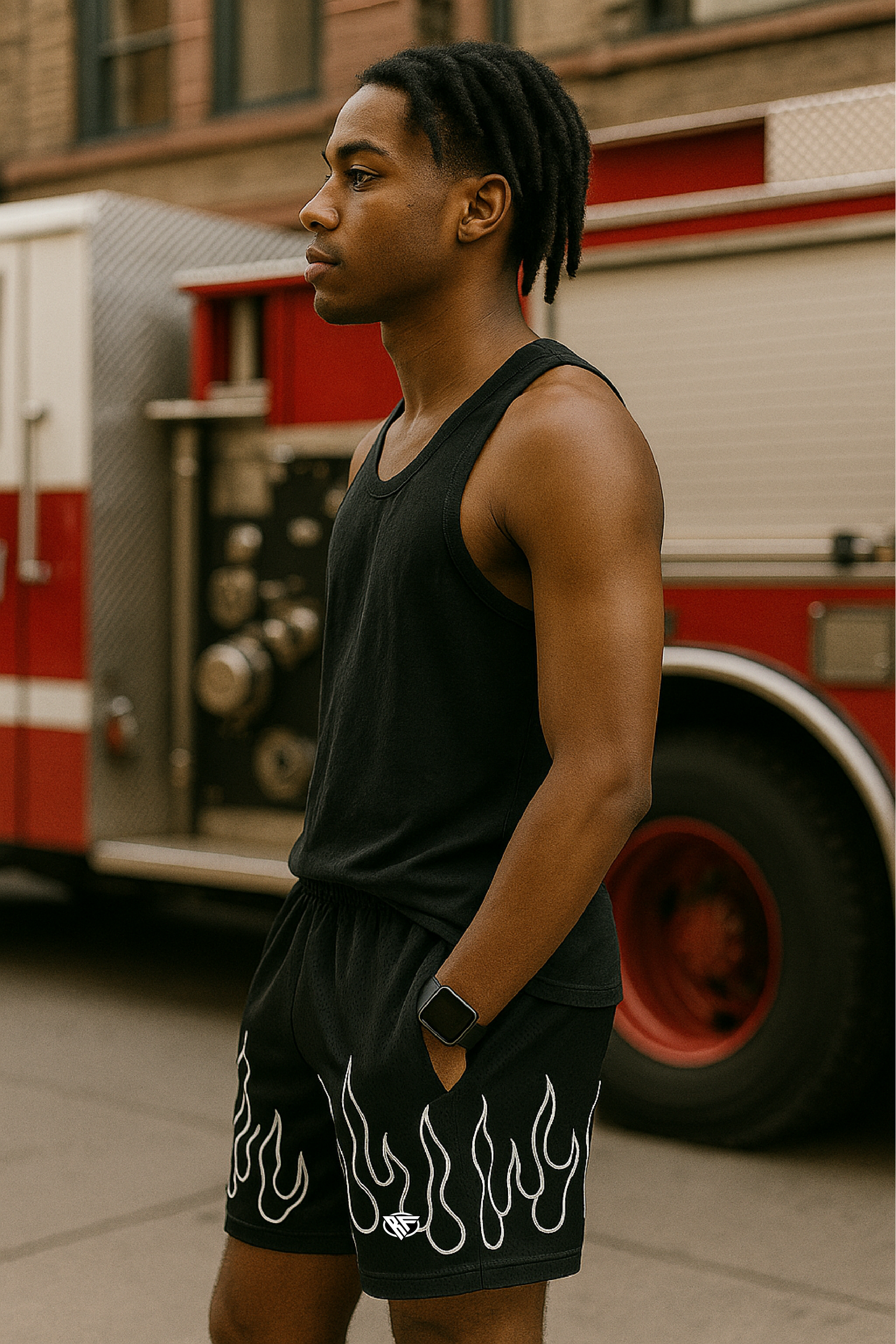 RF Wear Men's Mesh Fire Shorts - Black/White - Model Side View