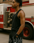 RF Wear Men's Mesh Fire Shorts - Black/White - Model Side View