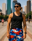 RF Wear Men's Mesh Patriotic Camo Shorts - Red/White/Blue - Model Front View
