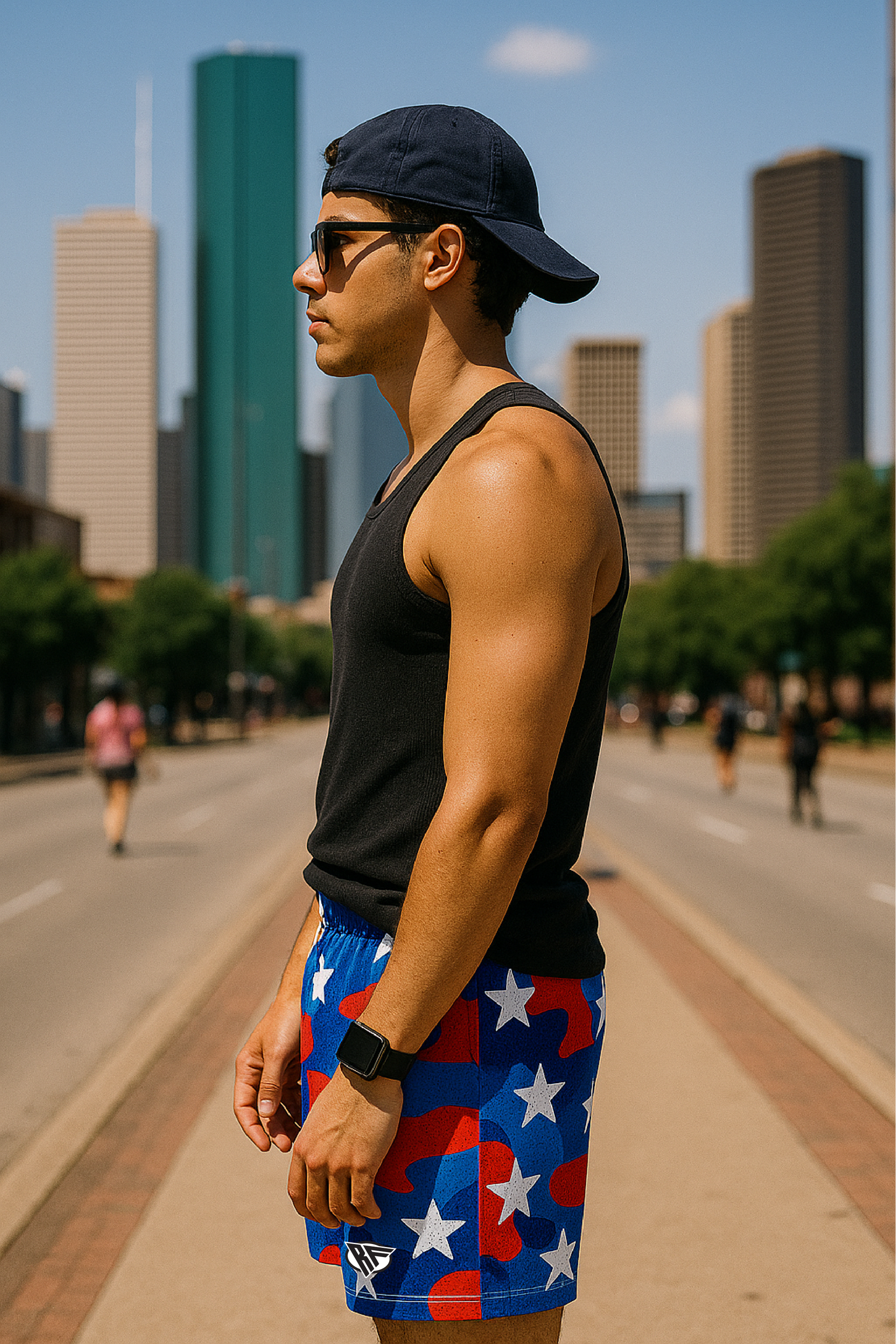 RF Wear Men's Mesh Patriotic Camo Shorts - Red/White/Blue - Side View
