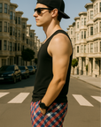RF Wear Men's Patriotic Plaid Red/White/Blue - Model Side View