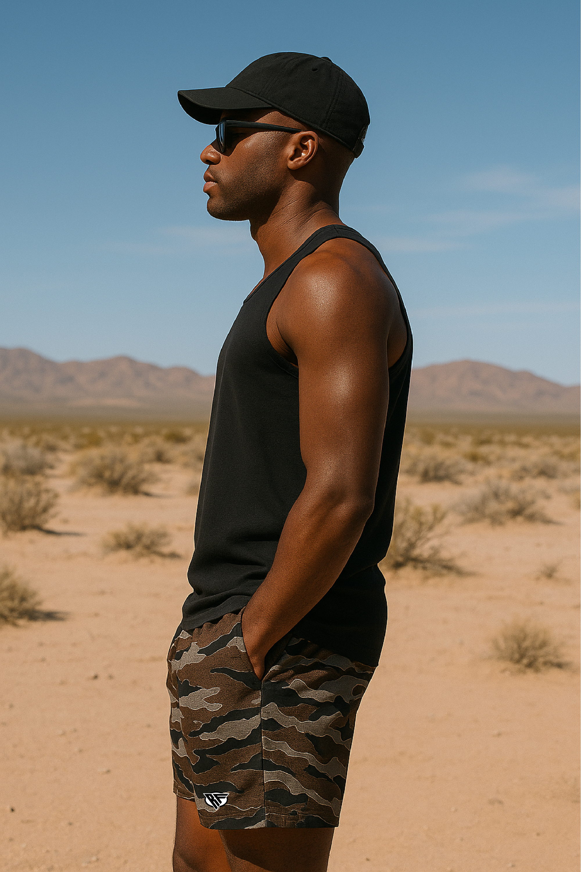RF Wear Men's Mesh Tiger Camo Shorts - Brown - Model Side View