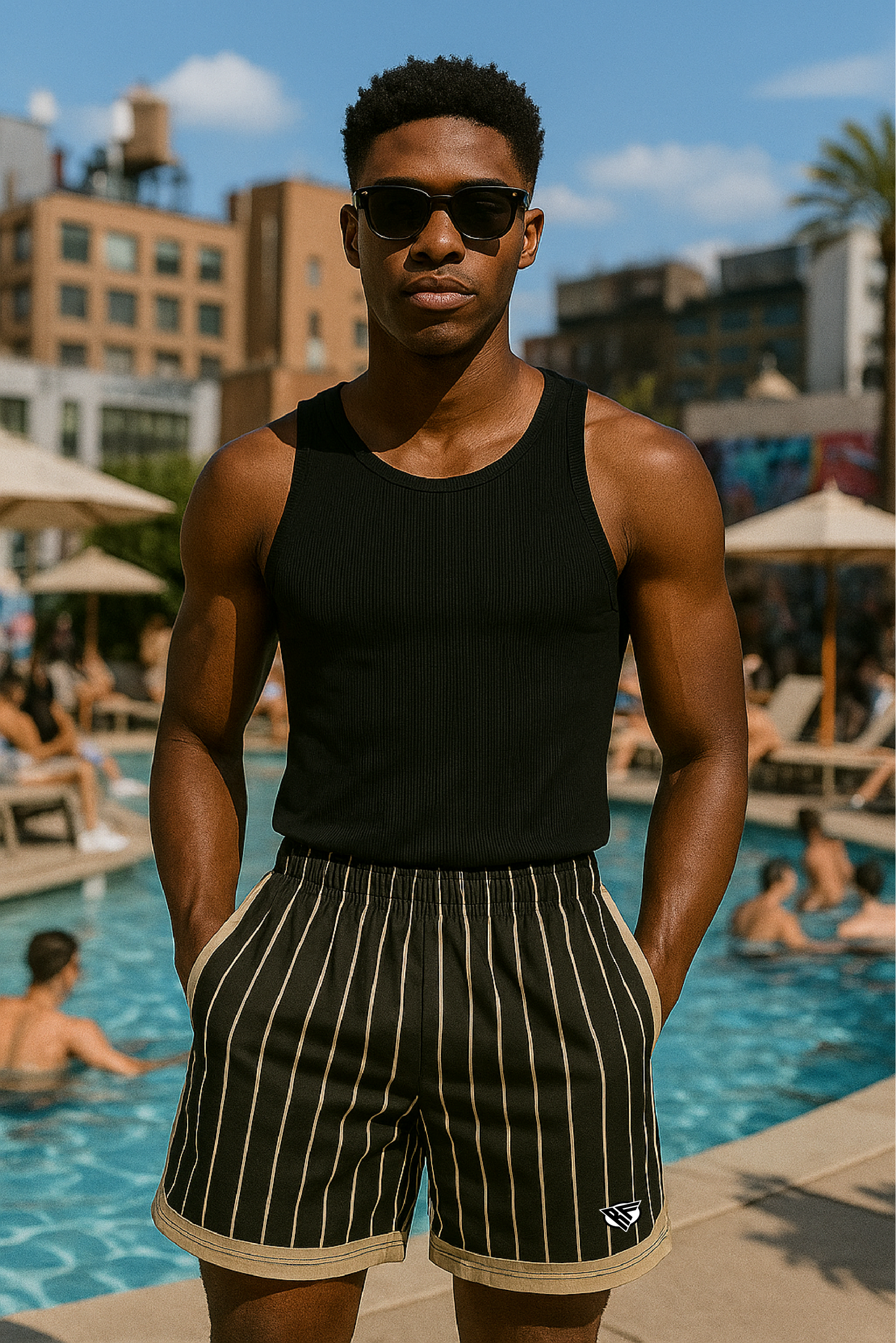 RF Wear Swim Trunks Sporty Stripes - Black/White/Grey - Model Front View