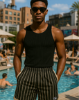 RF Wear Swim Trunks Sporty Stripes - Black/White/Grey - Model Front View