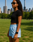 RF Wear Women's Bandana Patchwork Shorts - Sky Blue - Model Side View