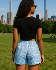 RF Wear Women's Bandana Patchwork Shorts - Sky Blue - Model Back View