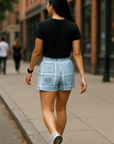 RF Wear Women's Bandana Patchwork Shorts - Sky Blue - Model Back View