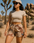 RF Wear Women's Desert Camo Shorts - Brown/Tan - Model Front View