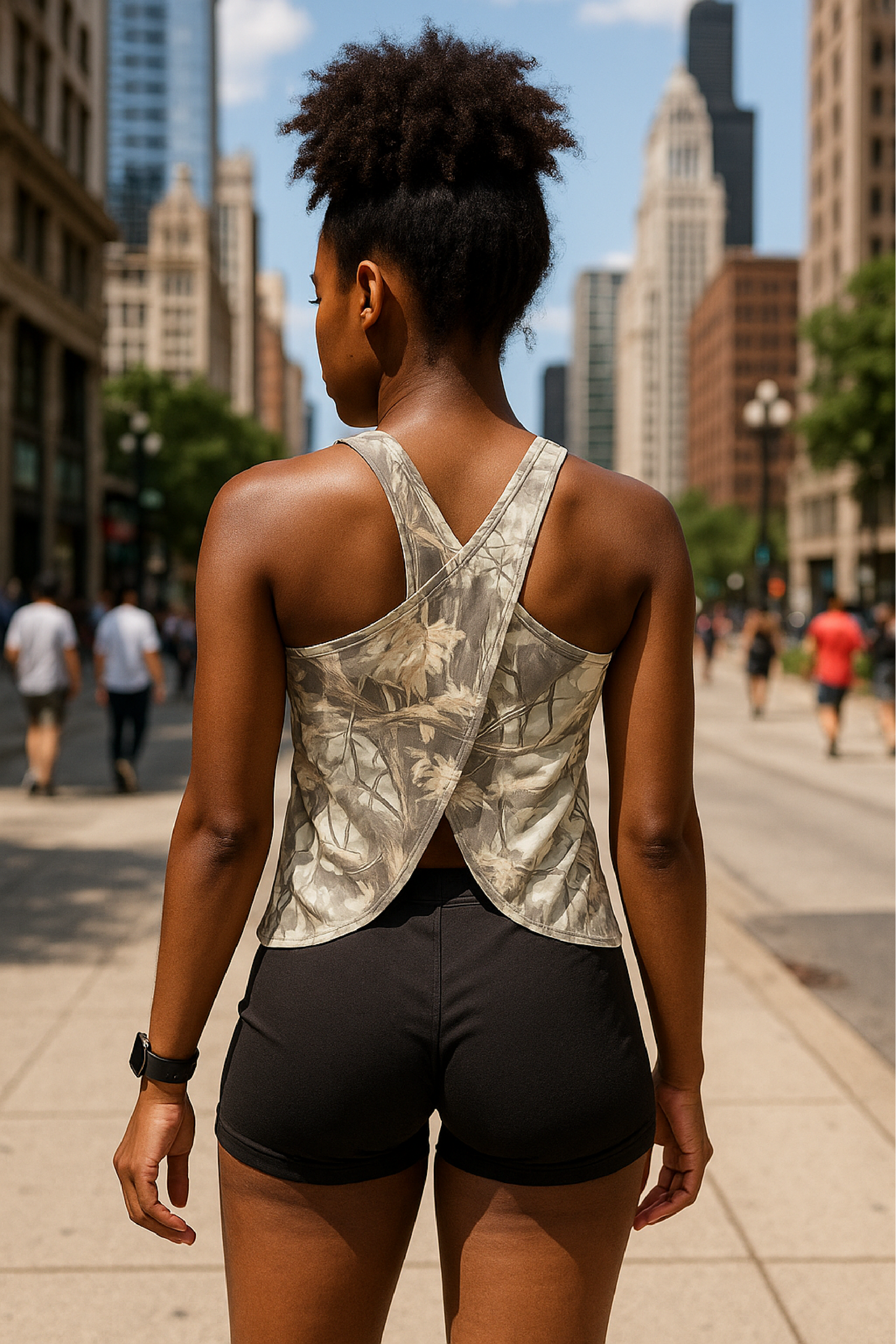 RF Wear Women's Lightweight Crossed-Back Top - Tree Camo - Cream/Grey - Model Back View
