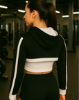 RF Wear Women's Mesh Ultra Crop Hoodie - Black with White Trim - Model Back View