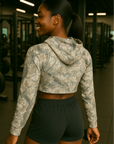 RF Wear Women's Mesh Ultra Crop Hoodie - Tree Camo - Cream/Grey - Model Back View