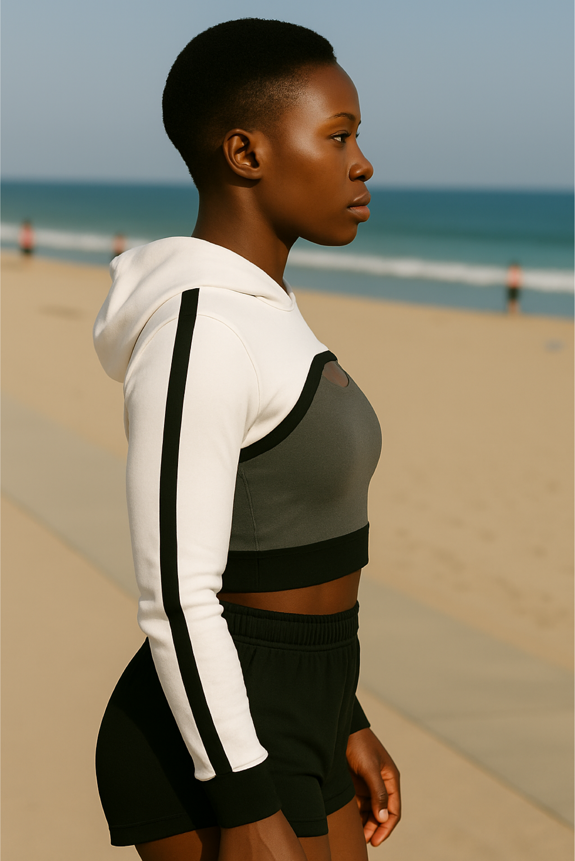 RF Wear Women's Mesh Ultra Crop Hoodie - White with Black Trim - Model Side View