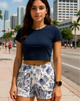 RF Wear Women's Patriotic Porcelain Shorts - white/blue - Model Front View