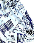 Close-up of RF-Wear Women's Patriotic Porcelain Shorts in White/Blue with RF logo