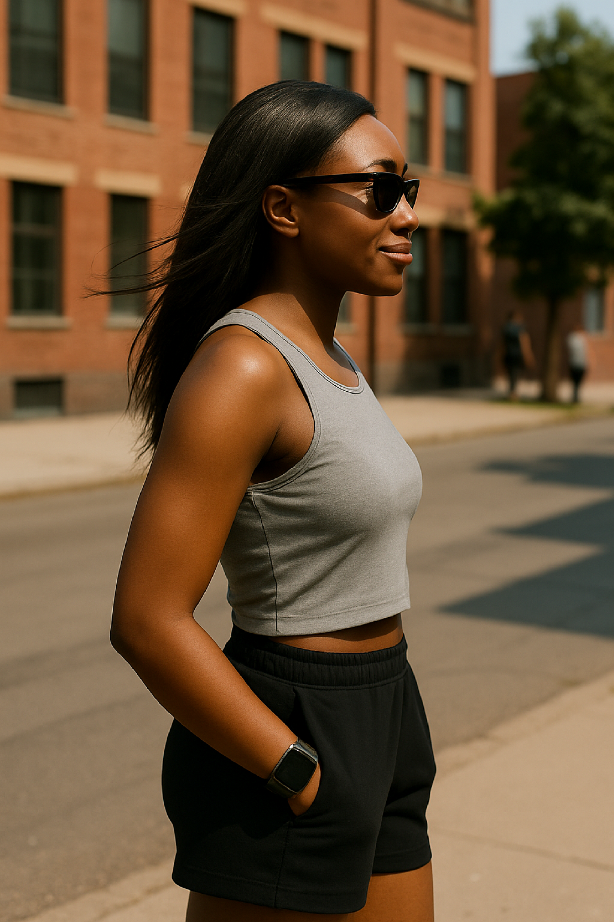 RF Wear Women's Pocket Solid Color Shorts - Black- Model Side View