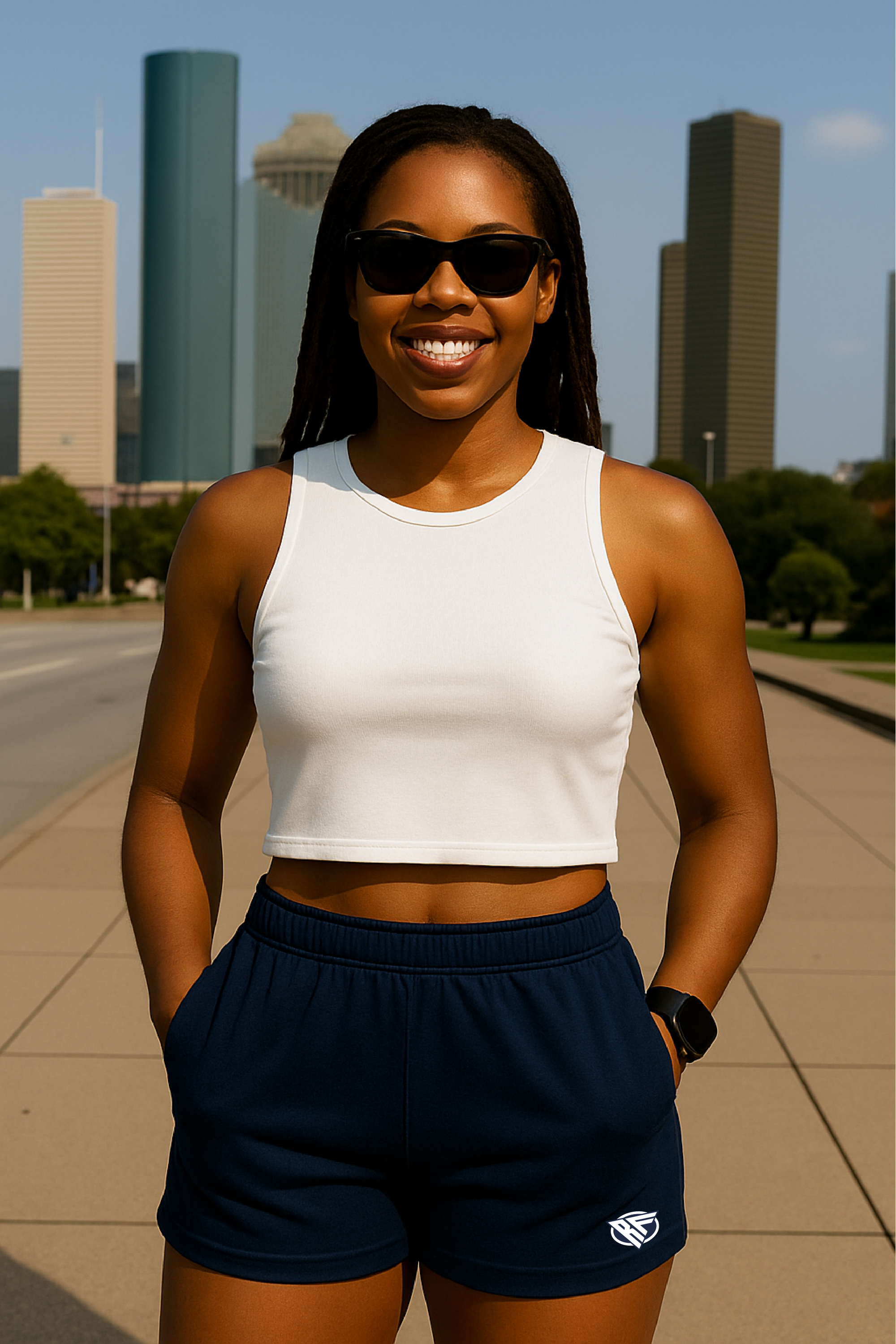 RF Wear Women's Pocket Solid Color Shorts - Navy Blue - Model Front View