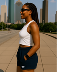 RF Wear Women's Pocket Solid Color Shorts - Navy Blue - Model Side View