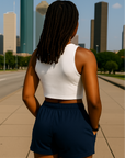 RF Wear Women's Pocket Solid Color Shorts - Navy Blue - Model Back View