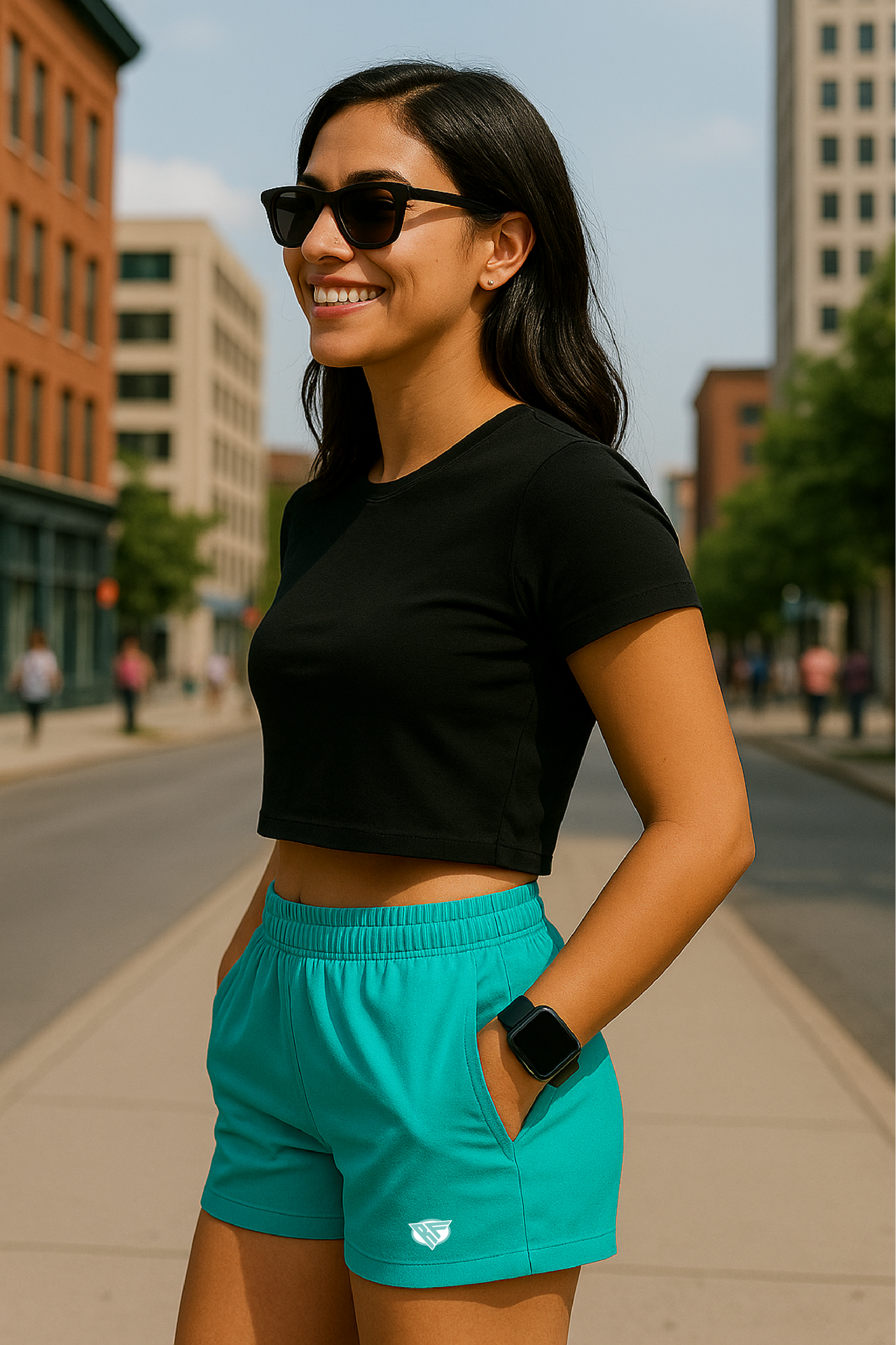 RF Wear Women's Pocket Solid Color Shorts - Teal - Model Side View