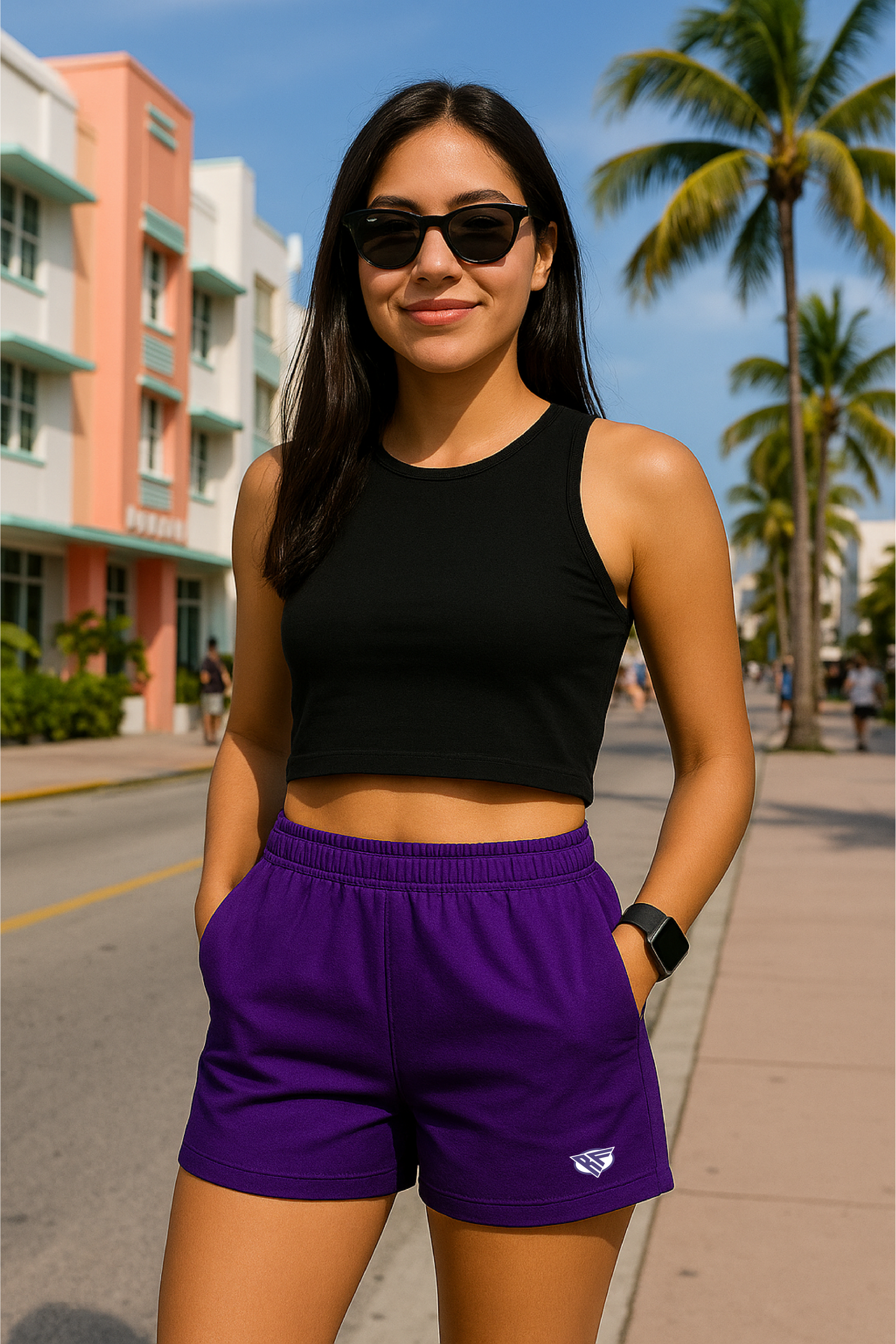 RF Wear Women's Solid Color Pocket Shorts - Purple - Model Front View