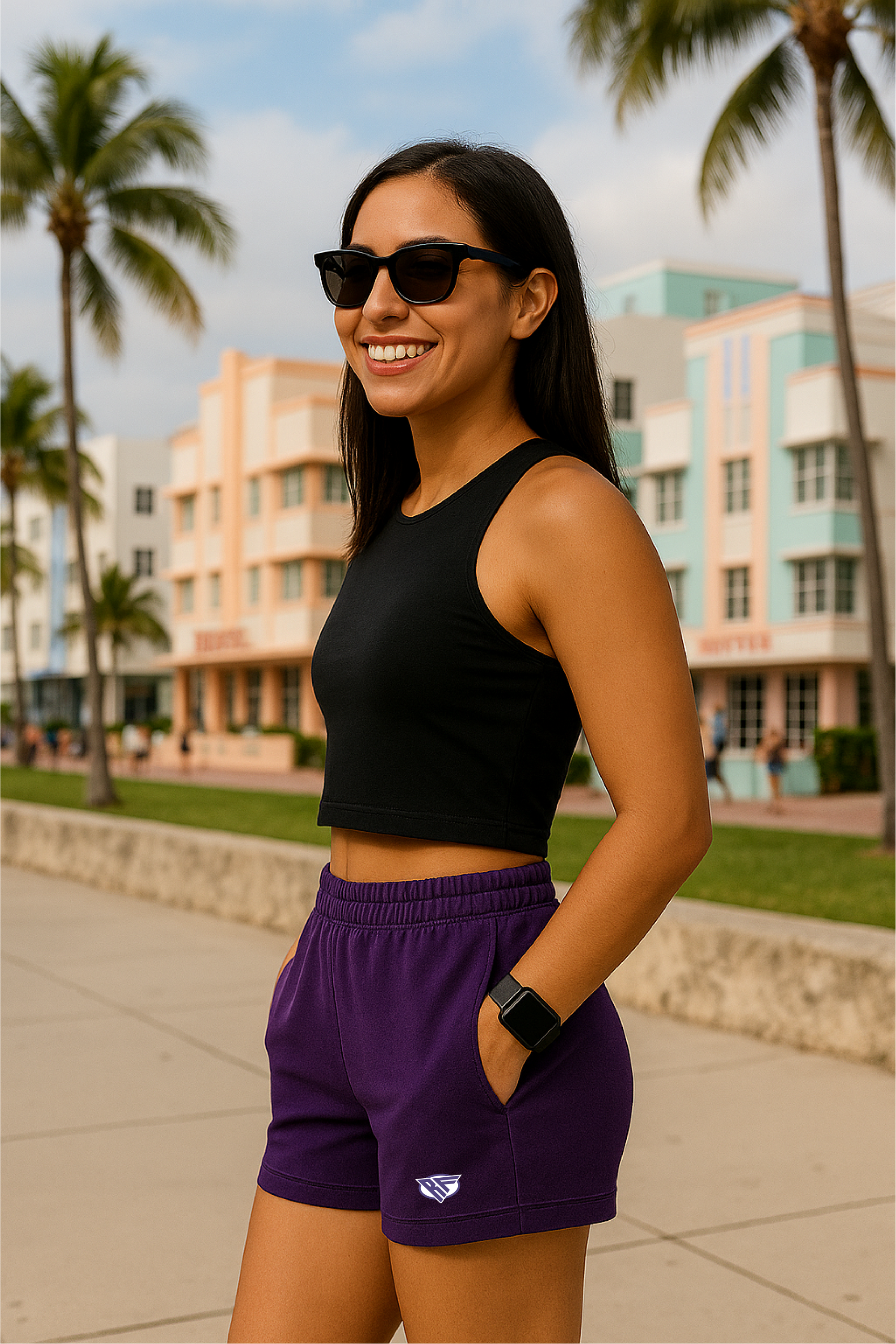 RF Wear Women's Solid Color Pocket Shorts - Purple - Model Side View