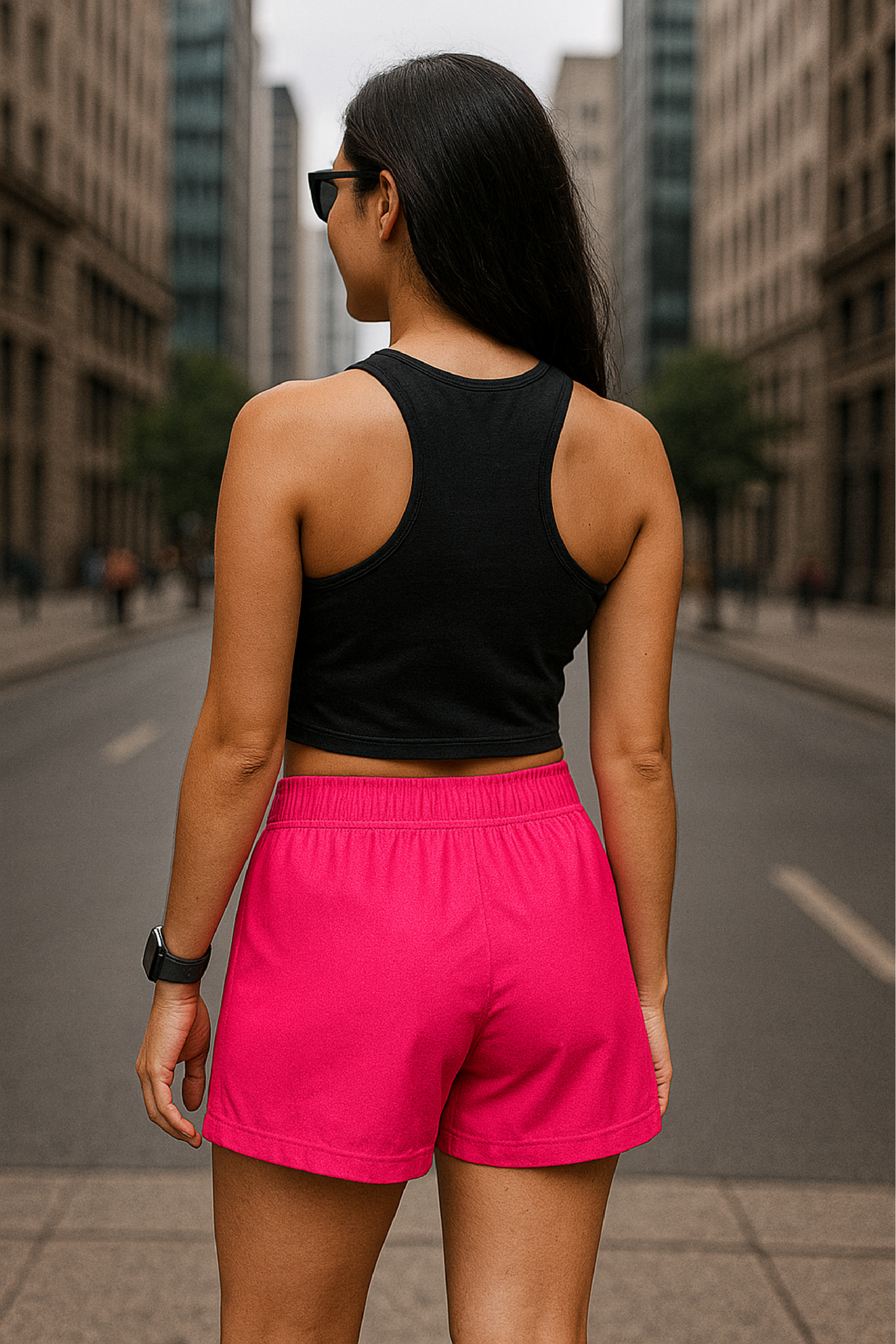 RF Wear Women's Solid Color Shorts - Fuchsia - Model Back  View