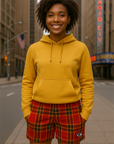 RF Wear Women's Tartan Plaid Pocket Shorts - Red/Gold - Model Front View