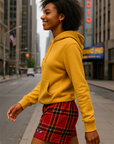RF Wear Women's Tartan Plaid Pocket Shorts - Red/Gold - Model Side View