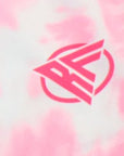 Close-up of RF-Wear Women's Tie Dye Shorts in Pink with RF logo