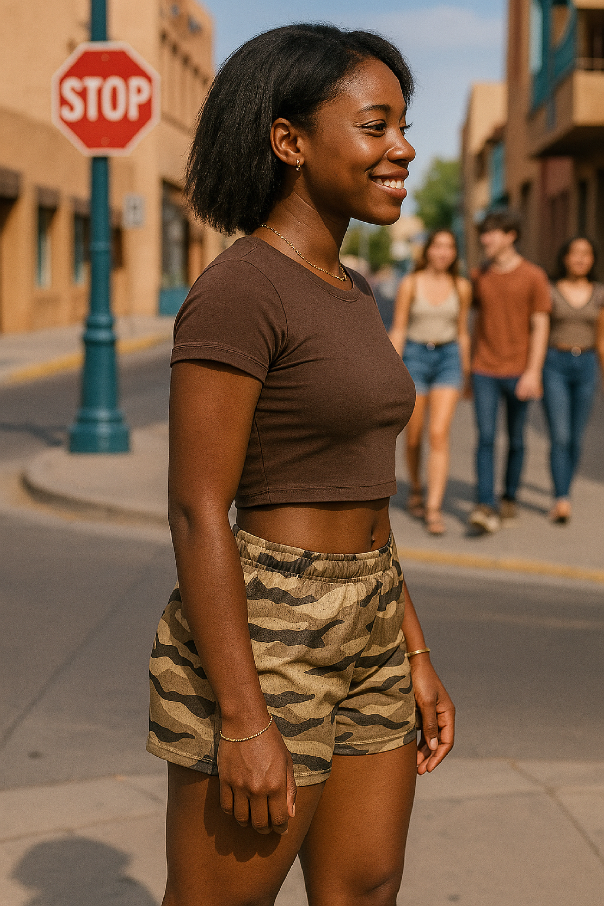 RF Wear Women's Tiger Camo Shorts - Tan - Model Side View